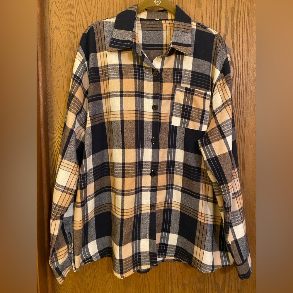 Women’s Plaid Flannel Button-Up Shirt, Blue/Cream/Tan, XXL